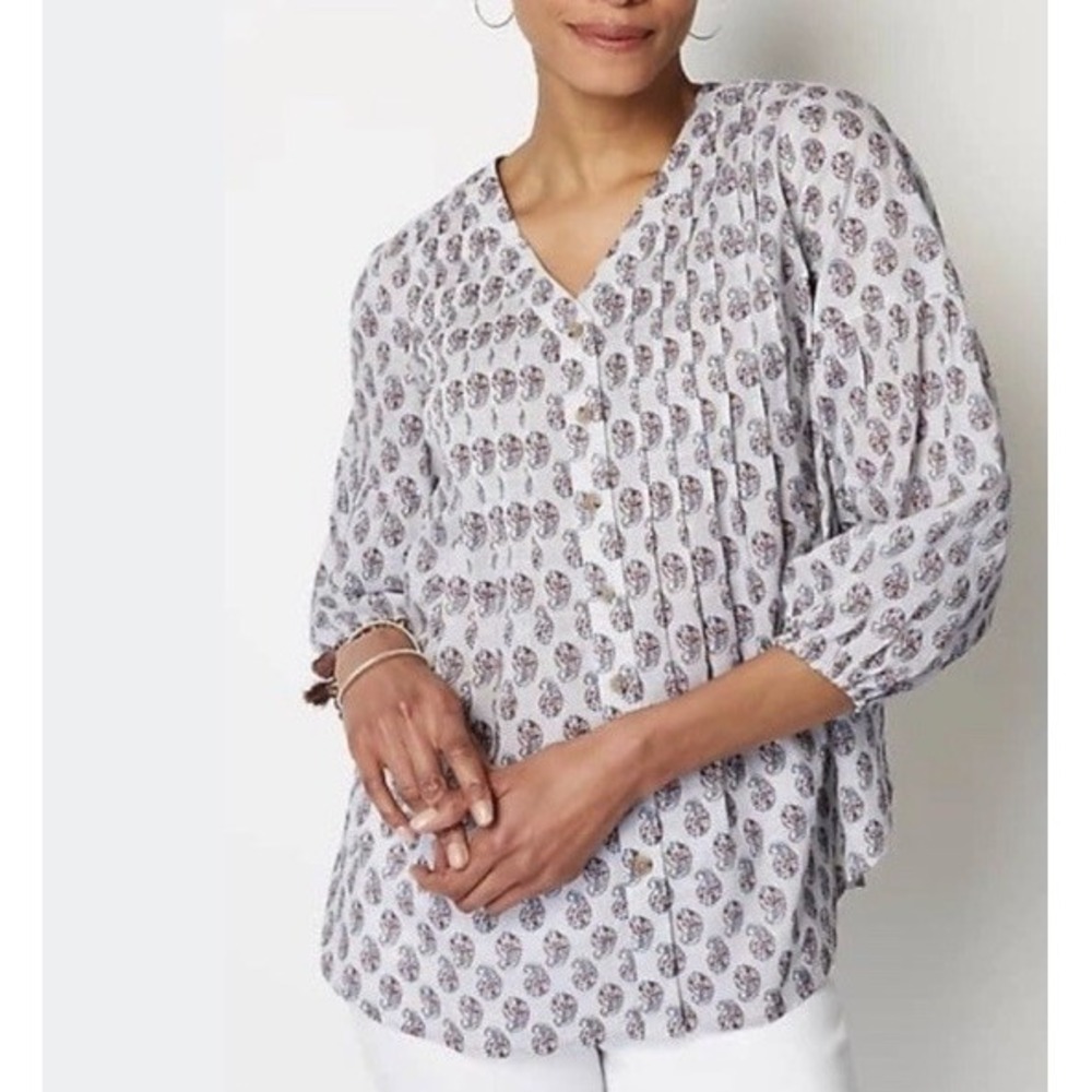 J. Jill Madeira Pintuck Paisley Blouse S Petite  Cottage Top Boho Cotton‎ Blue